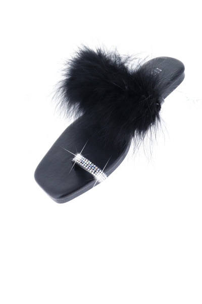 Faux Fur Black Slippers w/Rhinestone Toe