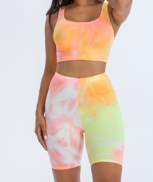 Tye-dye printed crop top and bike shorts set Yellow