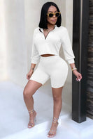 White 3/4 Sleeve Half Zip Up Crop Top + High Waist Shorts Tracksuit