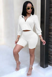 White 3/4 Sleeve Half Zip Up Crop Top + High Waist Shorts Tracksuit