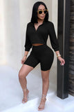 Black 3/4 Sleeve Half Zip Up Crop Top + High Waist Shorts Tracksuit