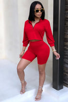 Red 3/4 Sleeve Half Zip Up Crop Top + High Waist Shorts Tracksuit