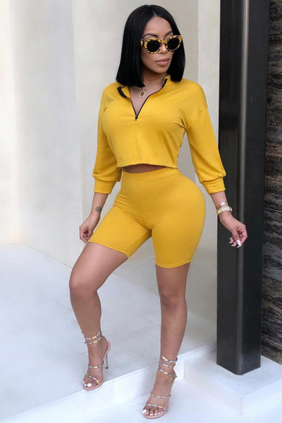 Yellow 3/4 Sleeve Half Zip Up Crop Top + High Waist Shorts Tracksuit