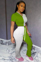 Green-White Color-block Ruched Crop Top & Stacked Legging Two Piece Set