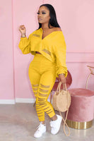 Yellow V Neck Lantern Sleeve Cut-out Two Piece Pant Set