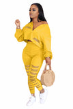 Yellow V Neck Lantern Sleeve Cut-out Two Piece Pant Set