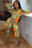 Orange Abstract Print Round Neck Long Sleeve Backless Jumpsuit