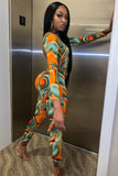 Orange Abstract Print Round Neck Long Sleeve Backless Jumpsuit