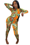 Orange Abstract Print Round Neck Long Sleeve Backless Jumpsuit