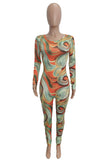 Orange Abstract Print Round Neck Long Sleeve Backless Jumpsuit