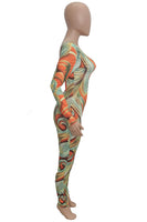 Orange Abstract Print Round Neck Long Sleeve Backless Jumpsuit