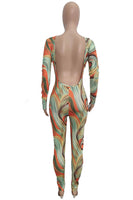 Orange Abstract Print Round Neck Long Sleeve Backless Jumpsuit