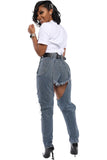 Light Blue Long and Short Stitched Cut-out Jeans