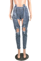 Light Blue Long and Short Stitched Cut-out Jeans