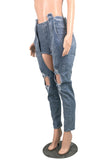 Light Blue Long and Short Stitched Cut-out Jeans