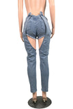 Light Blue Long and Short Stitched Cut-out Jeans